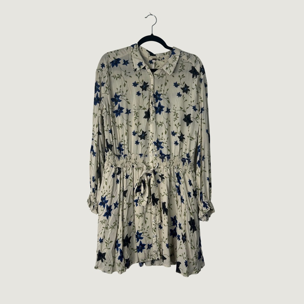 Free People Lighten Up Floral Long Sleeve Mini Dress Womens L Cream Blue Smocked
